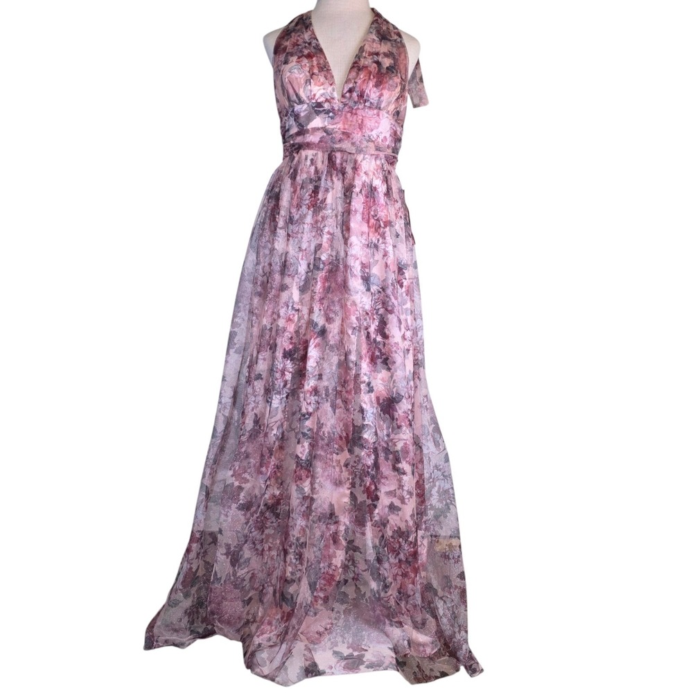NEW City Vibe Maxi Dress 11 Pink Floral Halter Plunge Neck Glitter Sparkle Tulle